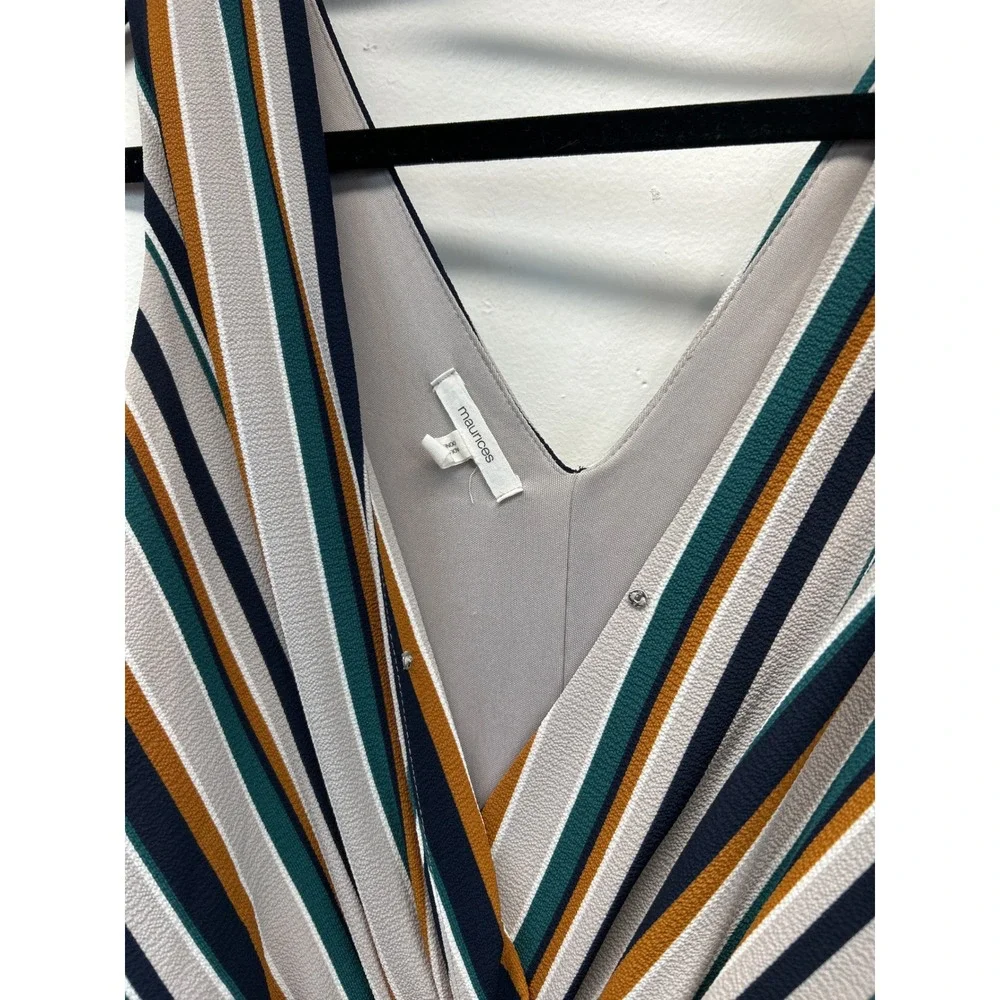 Maurices Jumpsuit‎ Womens M Neutral Colors Striped Wide Leg Wrap V-Neck Belted